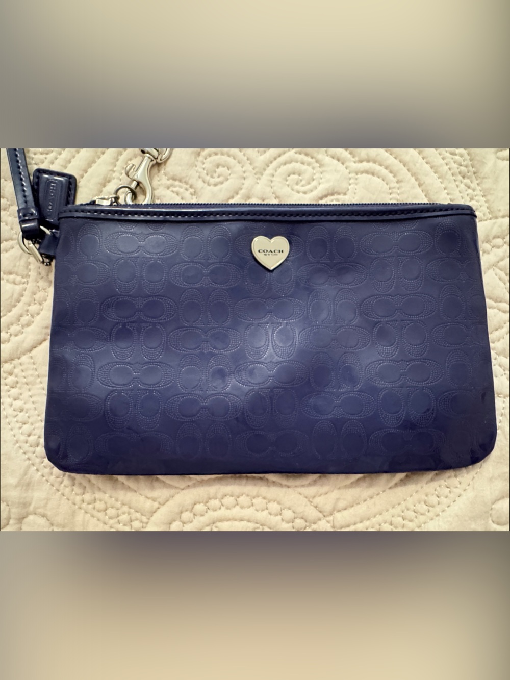 Coach Deep Plum Embossed Signature Wristlet with Heart Charm